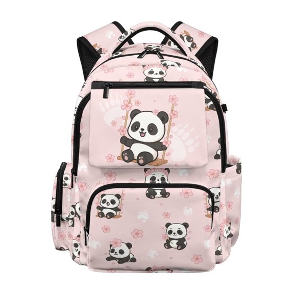 Jeiento Cute Panda 17 Inch Tech Backpack for Students Girls, Heavy Duty Polyester Bookbag, Pink