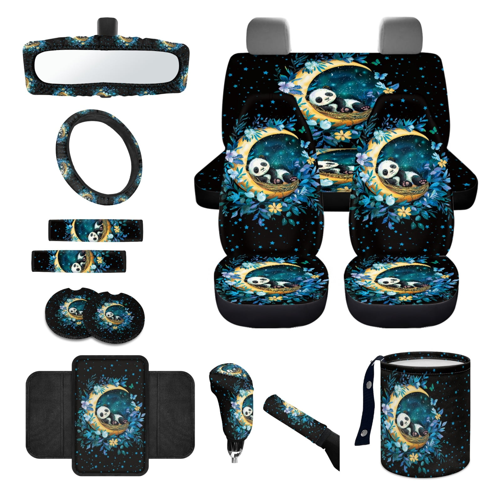 Jeiento Cute Panda Auto Accessories Set Car Seat Covers Steering Wheel Cover Seatbelt Pad Trash Can Moon Rear View Mirror Protector Handbrake Cover Set Car Armrest Cover Coasters for SUV Sedan Van