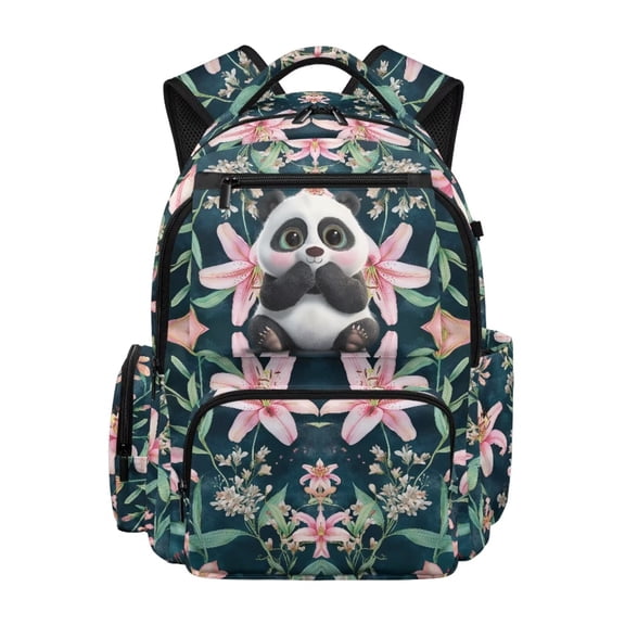 Jeiento Cute Panda Backpack for Girls, Flowers 17 Inch Lightweight School Bag for Ages 9-12, Elementary Backpack with 600D Breathable & Multi-Pockets