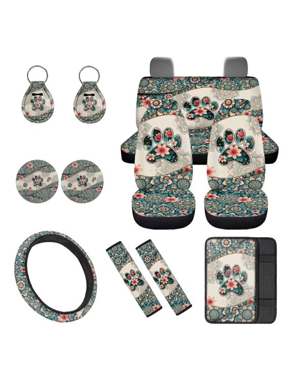 Cute Paw 12 PCS Car Seat Covers Full Set Car Accessories Set with Boho Flower Steering Wheel Cover Center Console Armrest Pad Seat Belt Cover Coasters Keychains for Cars SUV Van Truck