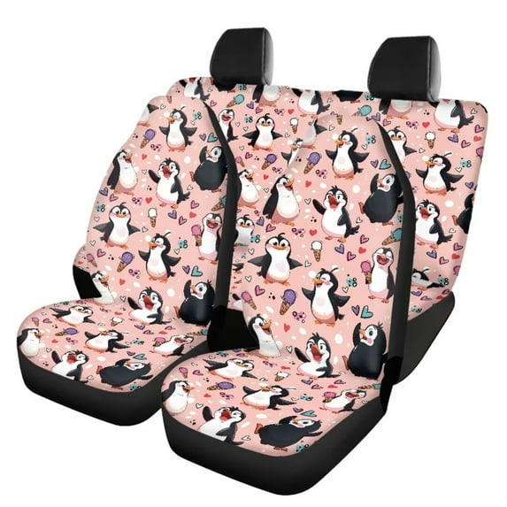 Jeiento Cute Penguin Car Interior Seat Cover 4pcs Set Ice Cream Front Seat Protectors with Split Bench Back Seat Covers Saddle Blanket Seat Covers,Easy Install&Remove