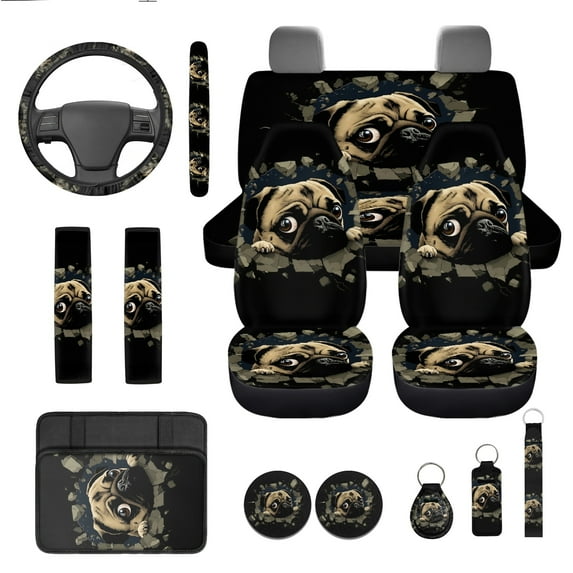 Jeiento Cute Pug 13 PCS Car Seat Cover Set, with Steering Wheel Seat Belt Covers Center Console Pad Coasters Keychain Lipstick Holder Auto Interior Accessories Full Set for Women Men