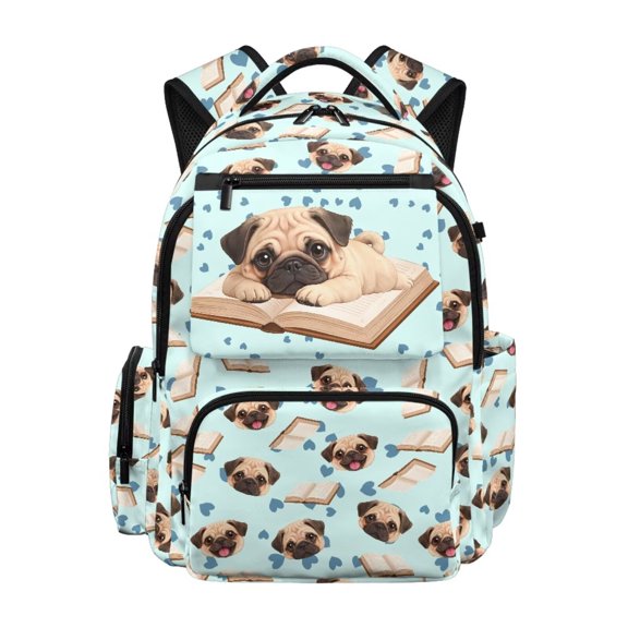 Jeiento Cute Pug 17 Inch Large School Backpack for Teen Boys, Aesthetic Polyester Bookbag with Pockets for High College Students, Blue