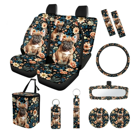 Jeiento Cute Pug Car Interior Accessories Full Set Car Seat Covers Steering Wheel Seat Belt Covers Flowers Car Trash Can Coasters Rear View Mirror Covers Keychains Lipstick Covers Set of 13