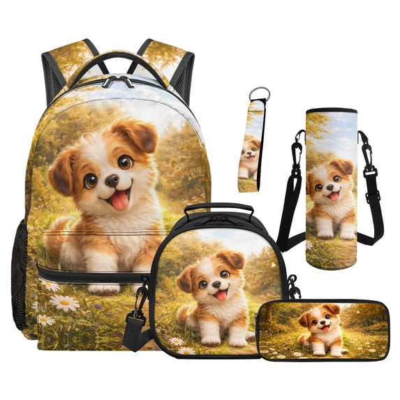 Jeiento Cute Puppy Backpack And Lunch Box Set for Boys Girls Kids Elementary, Water Resistant Large Capacity 5 Piece Backpack with Lunch Bag Pencil Case Keychain Water Bottle Bag