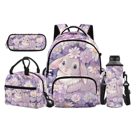Jeiento Cute Rabbit 17 Inch Large Capacity Backpack for Kids 4-Piece Set Daisy Lunch Bag Pencil Case Water Bottle Holder Lightweight Schoolbag for Boys Girls, Purple