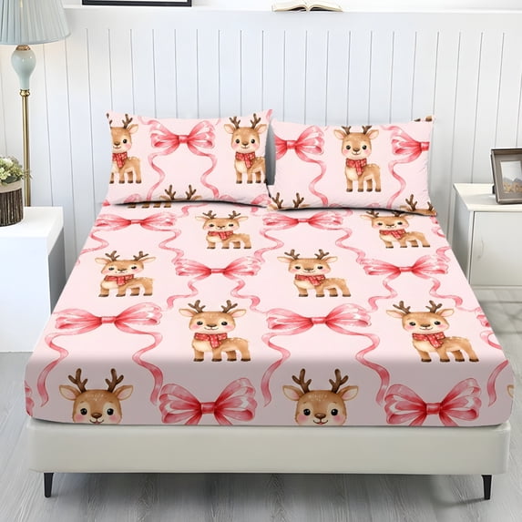 Jeiento Cute Reindeer Pink Bow Print Bedding Cover Set, Soft Breathable Bed Sheet Ensemble with 2 Pillowcases, Wrinkle Resistant Deep Pocket Bedding for Kids Bedroom, Full Size