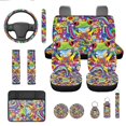thumbnail image 1 of Jeiento Cute Tree Frog 13 PCS Car Seat Covers Full Set with Steering Wheel Cover Seat Belt Pads Armrest Cushion Abstract Hippie Flower Coasters Keychain Lipstick Holder Auto Accessory Sets, 1 of 8
