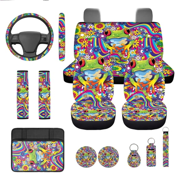 Jeiento Cute Tree Frog 13 PCS Car Seat Covers Full Set with Steering Wheel Cover Seat Belt Pads Armrest Cushion Abstract Hippie Flower Coasters Keychain Lipstick Holder Auto Accessory Sets