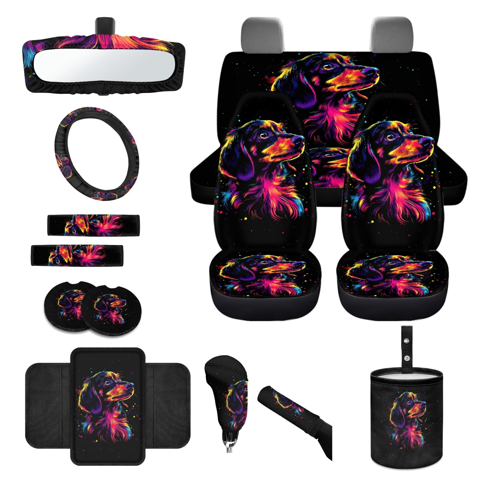 Jeiento Dachshund 14 PCS Car Seat Covers Set for Women Men with Steering Wheel Cover Seat Belt Covers Trash Bin Rear View Mirror Cover Car Armrest Cover Cushion Coasters Gear Shift Knob Cover