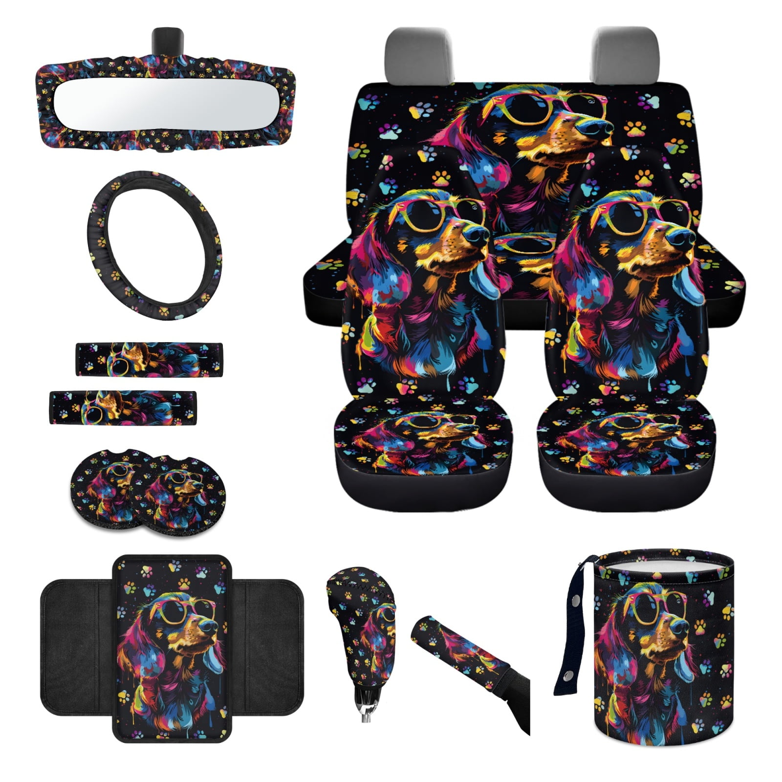 Jeiento Dachshund Car Seat Covers Front Rear Full Set Steering Wheel Cover Seat Belt Pads Coasters Waste Bin Armrest Cover Cup Holders Rearview Mirror Cover Handbrake Cover Set 14 Pack