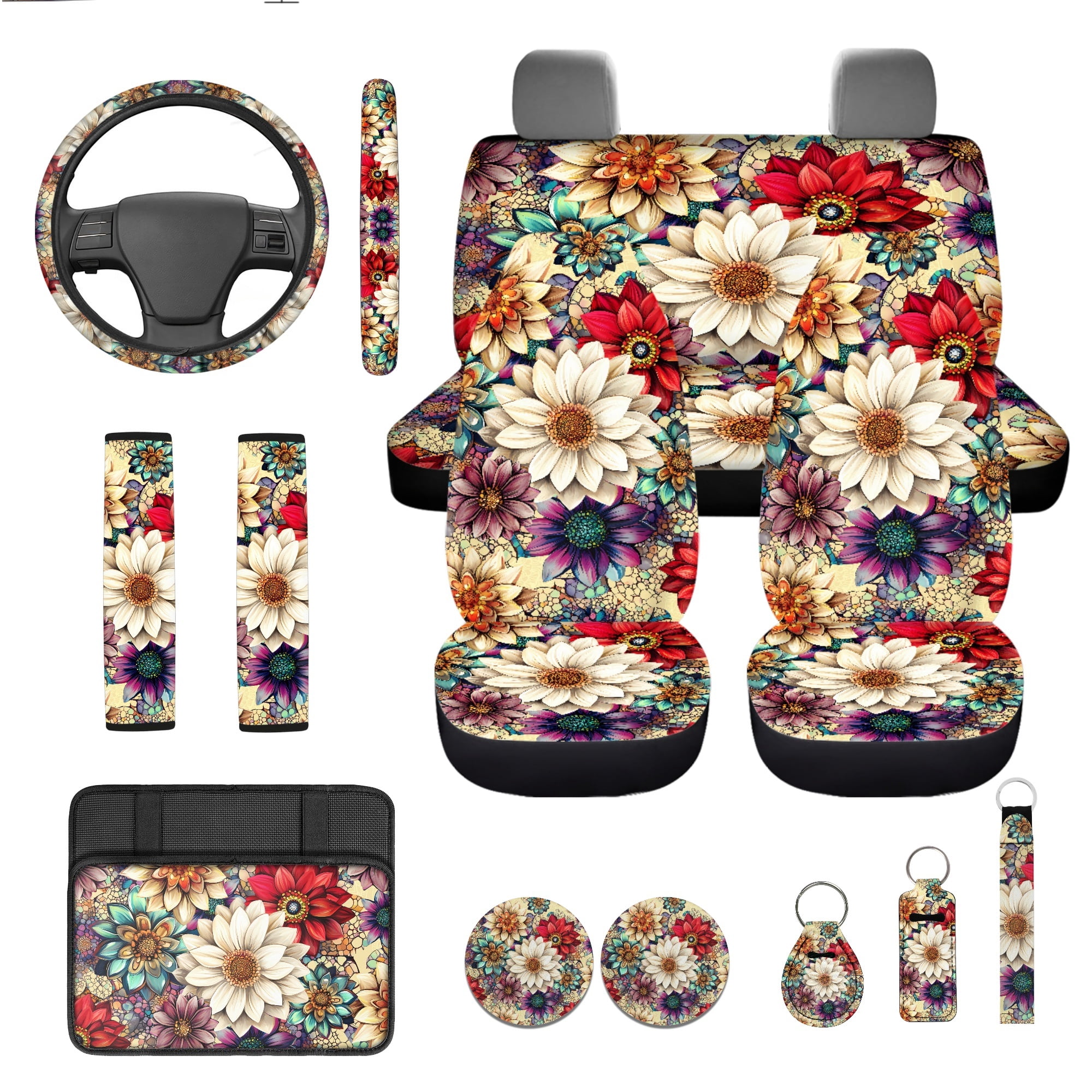 Jeiento Dahlia Car Seat Cover Full Set with Steering Wheel Cover Seat Belt Cover Armrest Cover Coaster Auto Keychain Holder Lip Balm Holder, 13 PCS Automobile Accessories Decor