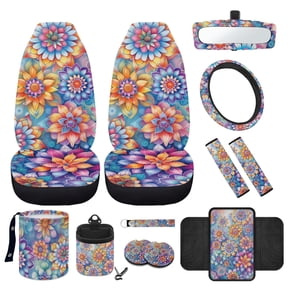 Jeiento Dahlia Car Seat Cover Set with Steering Wheel Cover Seat Belt Pads Center Console Pad Trash Bin Phone Holder Rearview Mirror Cover Cup Holder Key Chain, Pack of 12 Auto Accessory Interior