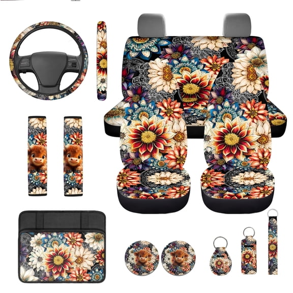 Jeiento Dahlia Car Seat Covers Full Set Steering Wheel Cover Safe Belt Pads Coasters Center Console Cover Keychain, Set of 13 Interior Automobile Accessory Sets