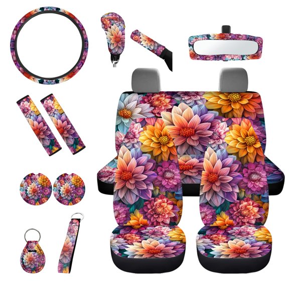 Jeiento Dahlia Car Seat Covers Full Set for Women Steering Wheel Cover Seatbelt Pads Cup Coasters Keychains Gear Shift Knob Cover Set 14 PCS Purple Automotive Accessory Interior Decor