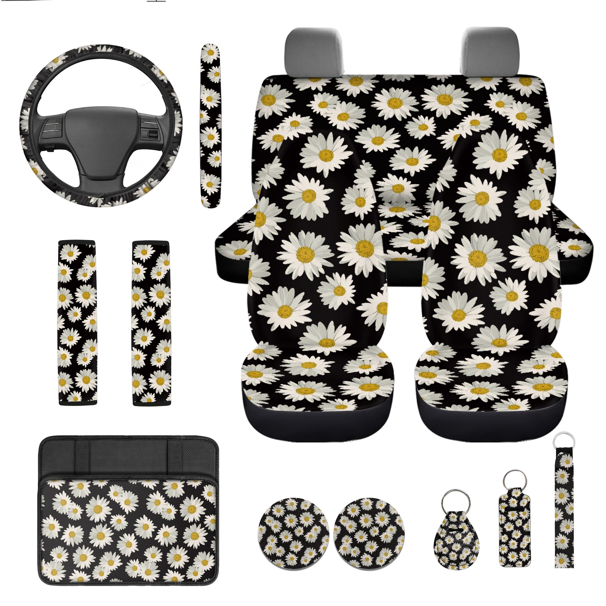 Jeiento Daisy Car Seat Cover Full Set 13 Pcs Auto Interior Accessories with Steering Wheel Cover, Seat Belt Pads, Armrest Cushion, Coasters, Keychain Gifts for Friends