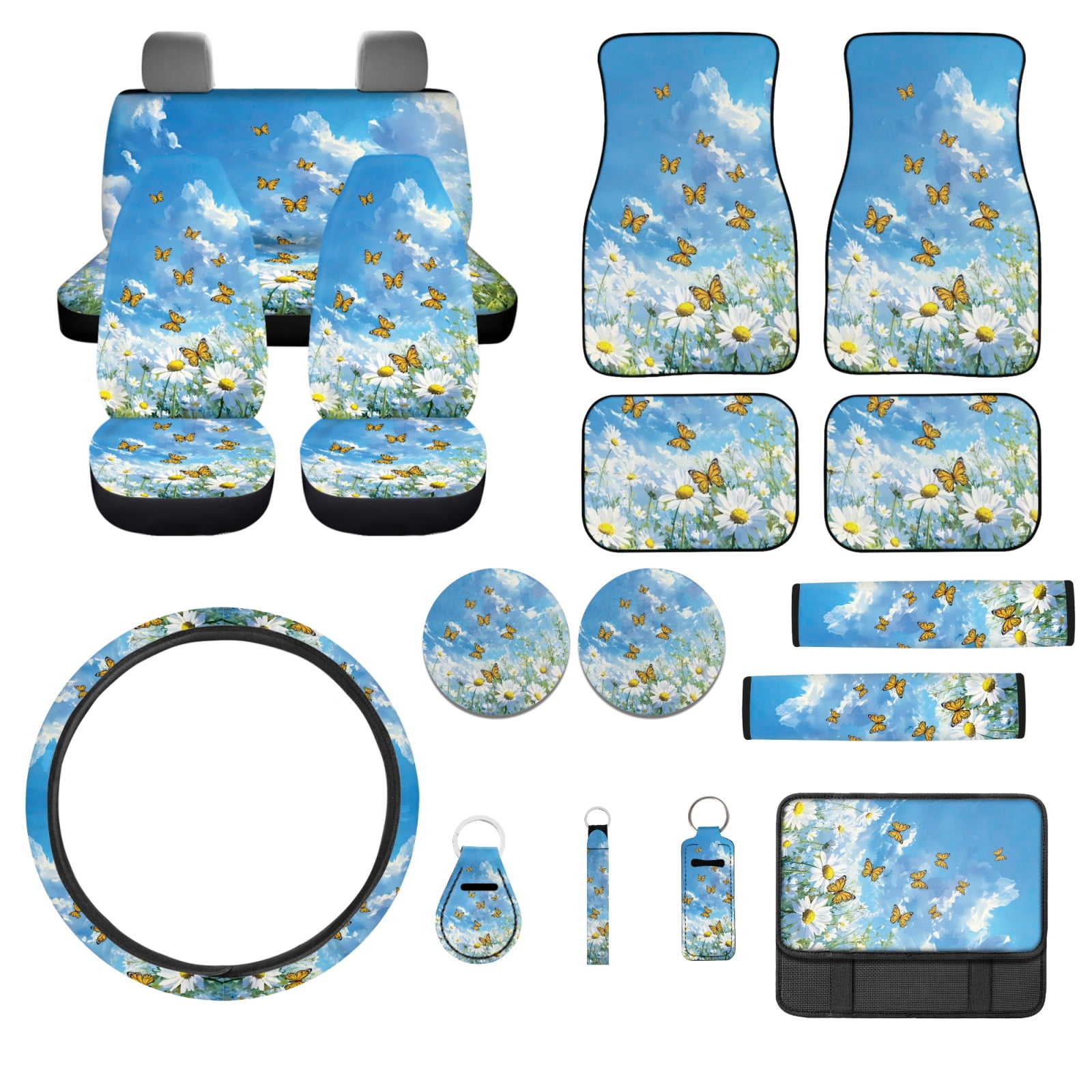 Jeiento Daisy Car Seat Cover Full Set 17 Pack Car Floor Mats Steering Wheel Cover Keychains Seatbelt Pad Armrest Cover Butterfly Cup Coasters Blue Lipstick Holder Universal Fit for SUV Sedan Van