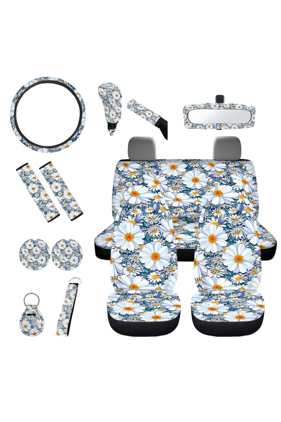 Daisy Car Seat Covers Set of 14 Pcs, Auto Steering Wheel Cover Seatbelt Pad Handbrake Cover Set Rearview Mirror Cover Coasters Keychains Universal Car Interior Protector Accessory