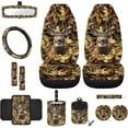 thumbnail image 1 of Jeiento Deer 12 PCS Front Car Seat Cover Set with Steering Wheel Cover Seat Belt Strap Pad Armrest Pad Coasters Trash Bag Air Vent Pocket Rear View Mirror Cover Keychain Hunting Tree Camo Forest, 1 of 7