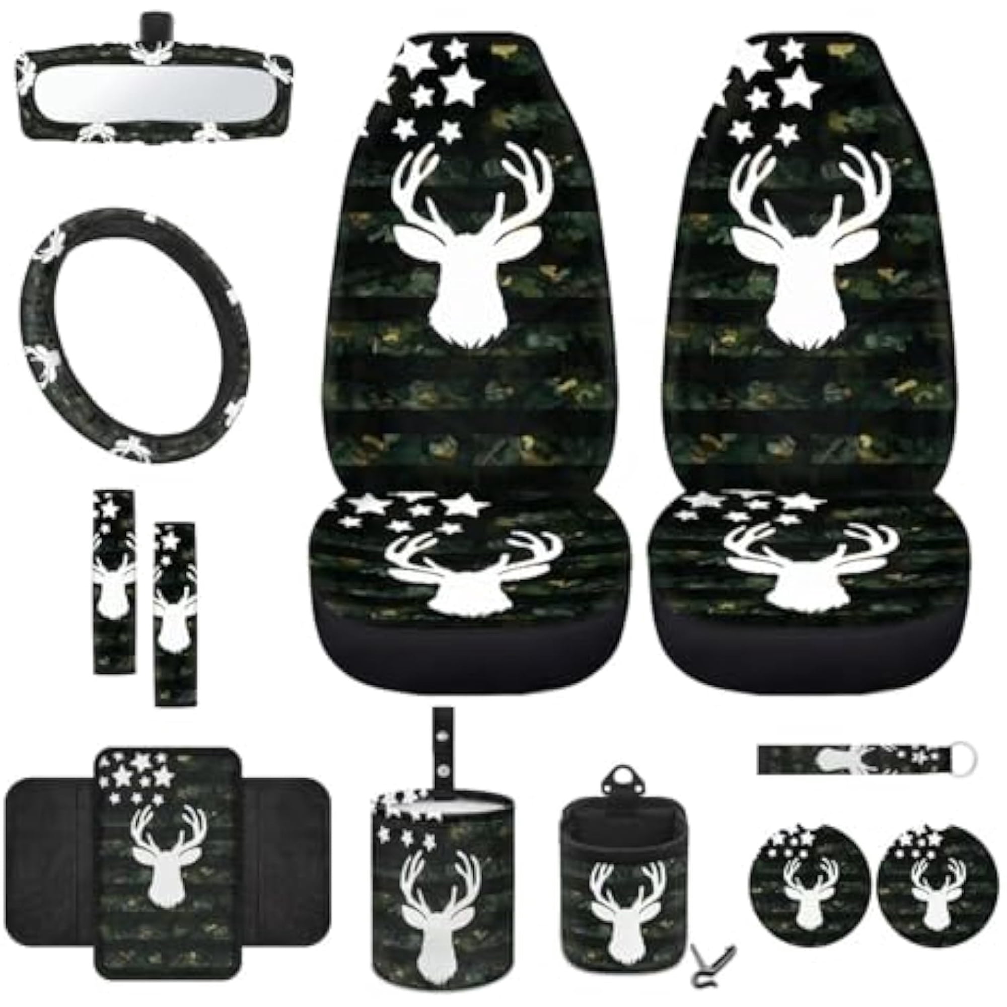 Jeiento Deer 12 PCS Front Car Seat Covers Set with Steering Wheel Cover Seat Belt Strap Pad Armrest Pad Trash Bag Phone Holder Rearview Mirror Cover Cup Holder Key Chain American Flag Camo Hunting