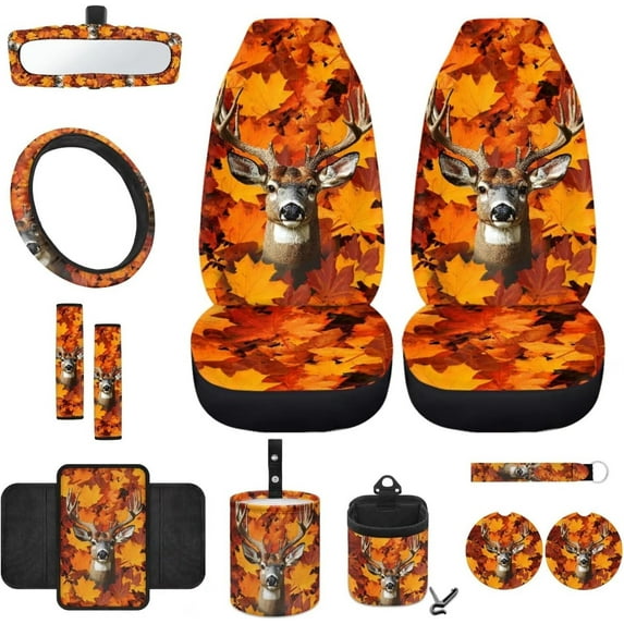 Jeiento Deer 12 Pack Car Accessories Front Car Seat Cover Set Steering Wheel Cover Seatbelt Pad Armrest Mat Trash Can Mount Pocket Cup Holder Rearview Mirror Cover Keychain Camo Hunting Orange