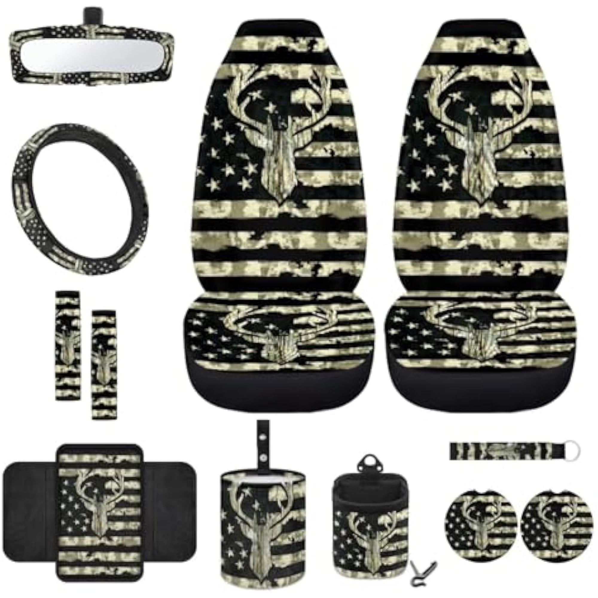Jeiento Deer 12 Pcs Car Seat Cover Set with Front Car Seat Cover Steering Wheel Armrest Cover Seat Belt Pads Garbage Can Air Vent Pouch Rearview Mirror Cover Coaster Keychain Camo Hunting