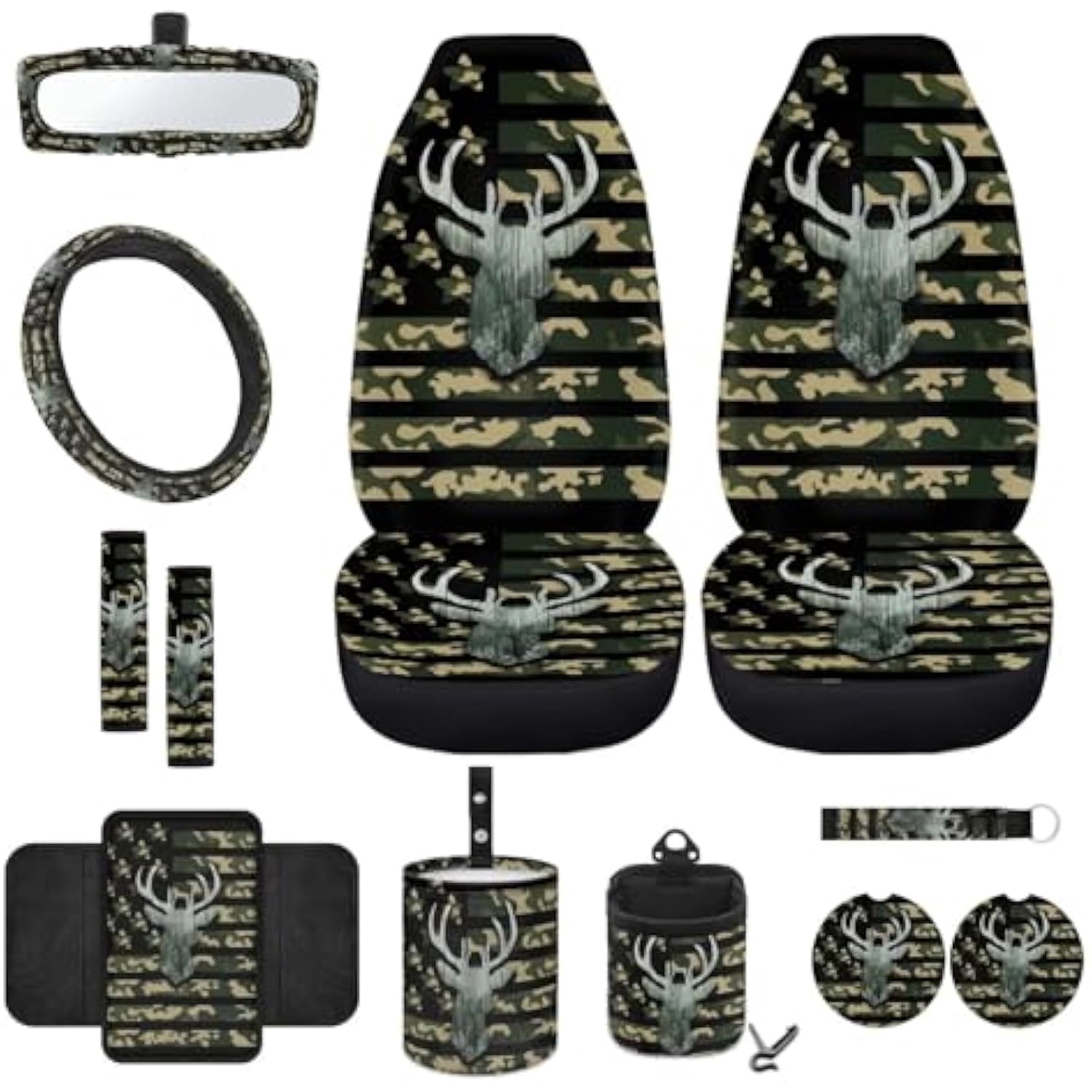 Jeiento Deer 12 Pcs Car Seat Cover Set with Front Car Seat Cover Steering Wheel Armrest Cover Seat Belt Pads Garbage Can Air Vent Pouch Rearview Mirror Cover Coaster Keychain American Flag Camo