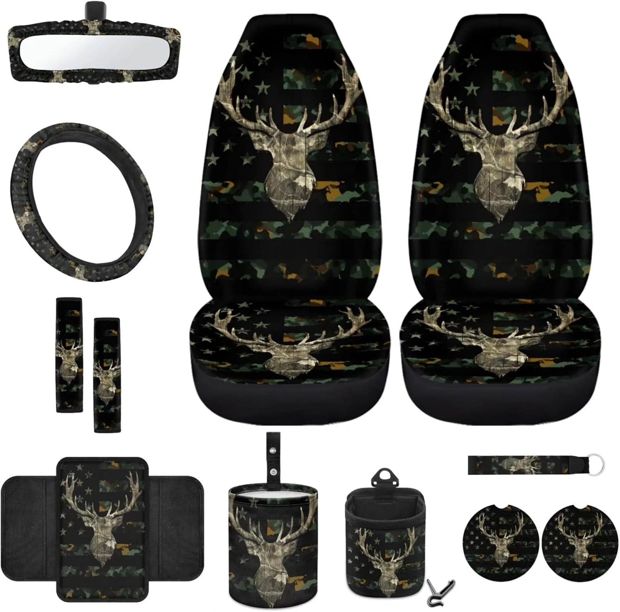 Jeiento Deer 12 Pcs Front Car Seat Cover Set with Bucket Seat Cover Steering Wheel Cover Seat Belt Pad Armrest Cover Coaster Trash Bag Air Vent Bag Rearview Mirror Cover Keychain American Flag Camo