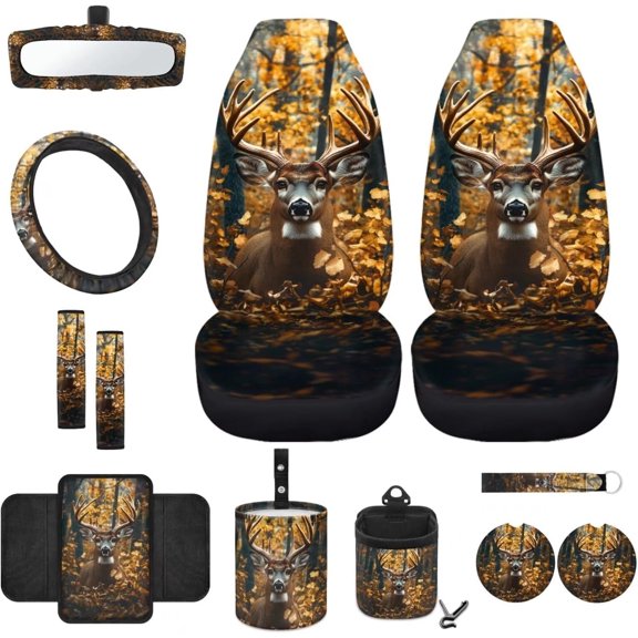 Jeiento Deer 12 Pcs Front Car Seat Cover Set with Steering Wheel Cover Seat Belt Pads Armrest Cover Coaster Trash Bag Air Vent Storage Bag Rearview Mirror Cover Keychain Camo Hunting Forest