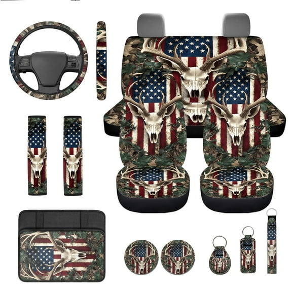 Jeiento Deer 13pcs Set Car Seat Cover Set with American Flag Steering Wheel Cover Seat Belt Strap Cover Armrest Cover Key Chain Coasters Lipstick Holder Universal Fits SUV Sedan Truck Van