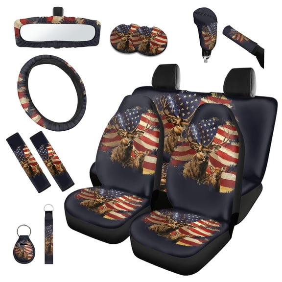 Jeiento Deer Auto Seat Covers Full Set 14 Pack with USA Flag Steering Wheel Cover Seatbelt Shoulder Pad Rearview Mirror Accessories Gear Shift Knob Cover Set Coasters Keychains Decor