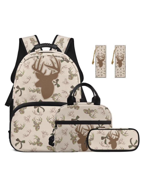 Deer Camo Bow 17 Inch Large Capacity 4-Piece Backpack Set, Lightweight Hunting Style School Bag for Boys Teenagers Back to School