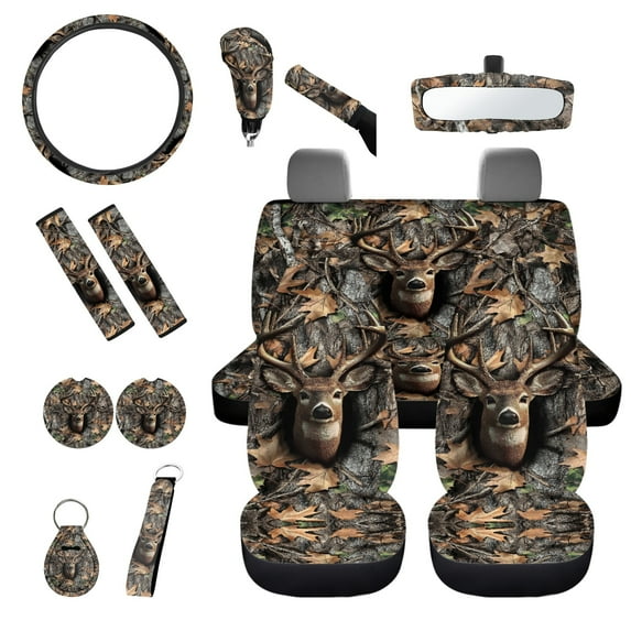 Jeiento Deer Car Seat Covers Full Set 14 Piece Car Interior Accessories Set Camo Hunting Front Rear Split Bench Protection Decorations Universal Fit for Auto Truck Van SUV Sedan