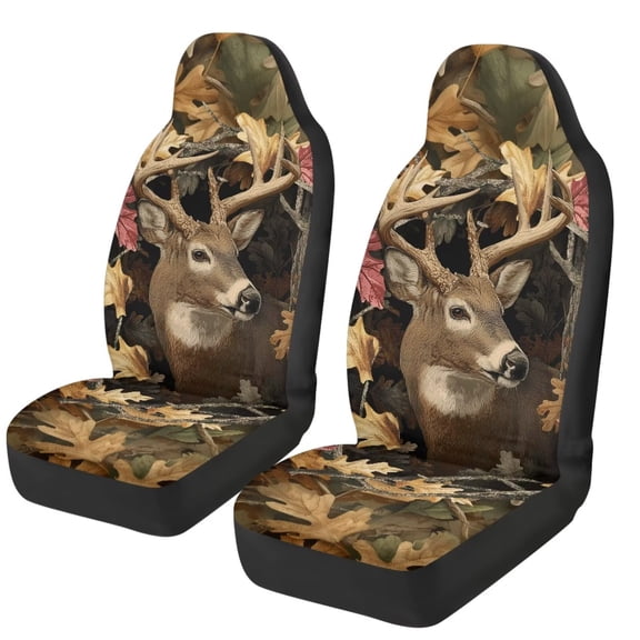 Jeiento Deer Car Seat Covers Set of 2 Breathable Front Seat Covers Stretch Polyester Fabric Cover Camo Hunting Forest Soft Front Seat Cover Universal Fit for Auto SUV