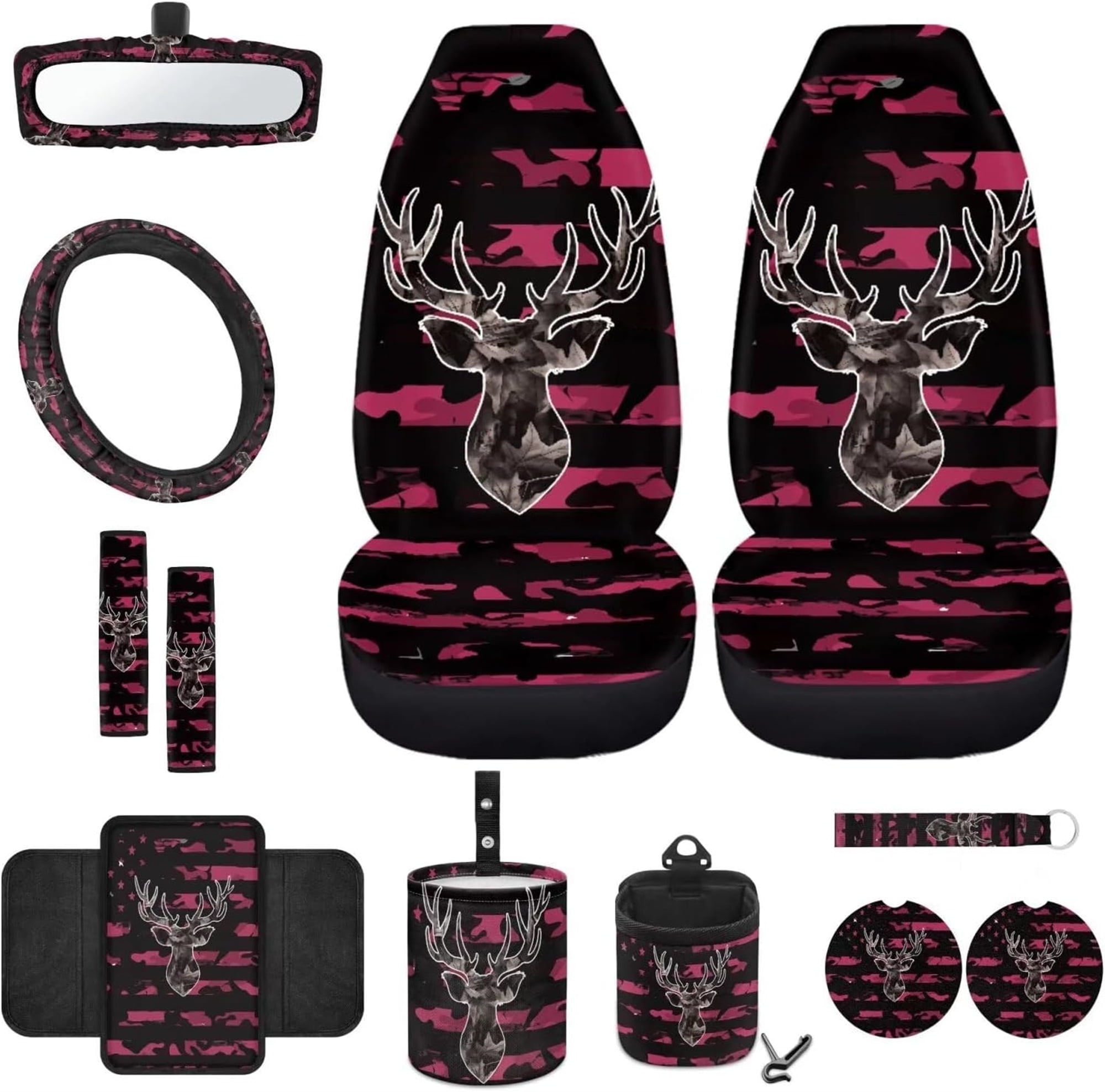 Jeiento Deer Front Car Seat Covers Full Set 12 PCS with Steering Wheel Cover Seat Belt Pads Center Console Cover Coasters Trash Bin Phone Holder Cup Holders Rearview Mirror Cover Key Ring Pink Camo