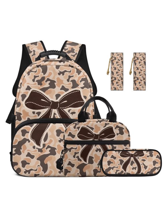 Desert Camo Bow 17 Inch Large Capacity 4-Piece Backpack Set, Lightweight Hunting Style School Bag for Kids Teenagers Back to School
