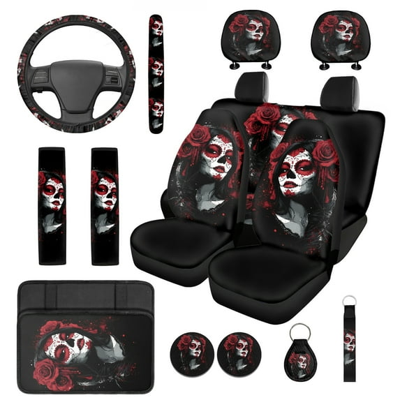Jeiento Devil Girl Rose 14 Pcs Car Accessories Full Set Car Seat Cover Headrest Cover Steering Wheel Cup Holder Armrest Pad Keychain Auto Interior Sets Fit for Most Cars Truck SUV Van Sedan, Red