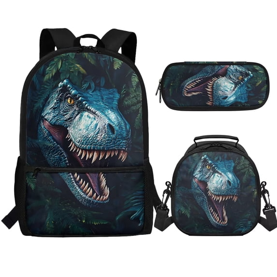 Jeiento Dinosaur 3 Pcs Backpack Set Travel Bag Portable Bookbag Knapsack Daypack Large Capacity Sports Backpacks Schoolbag with Lunch Box Pencil Case for Boys Blue