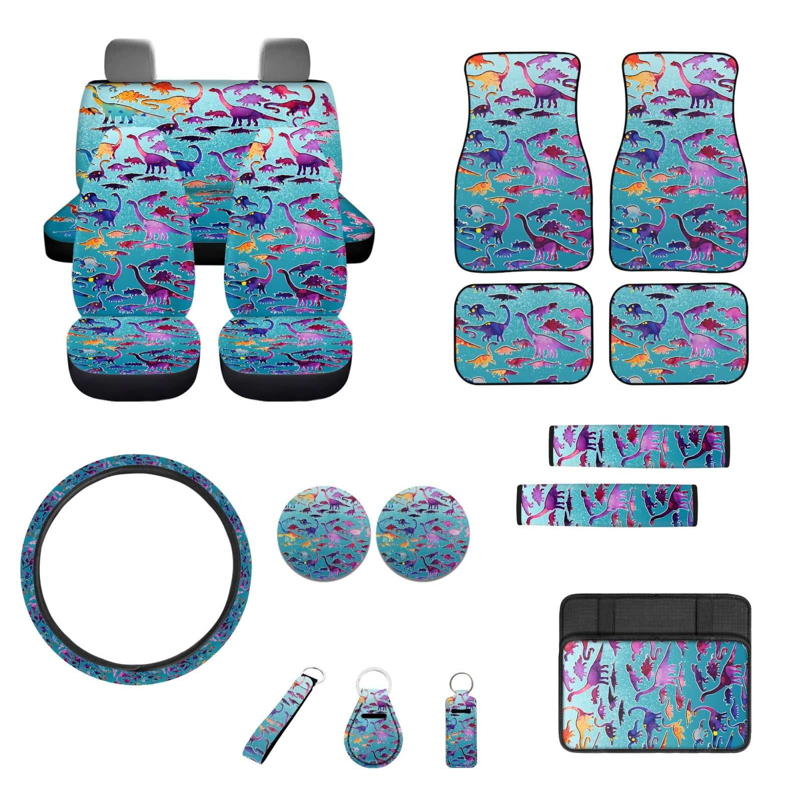 Jeiento Dinosaur Automotive Seat Covers Full Set for Men Women Car Floor Mats Steering Wheel Cover Armrest Cover Auto Seatbelt Covers Cup Coasters Keychains 17 Pack Car Accessory Decor