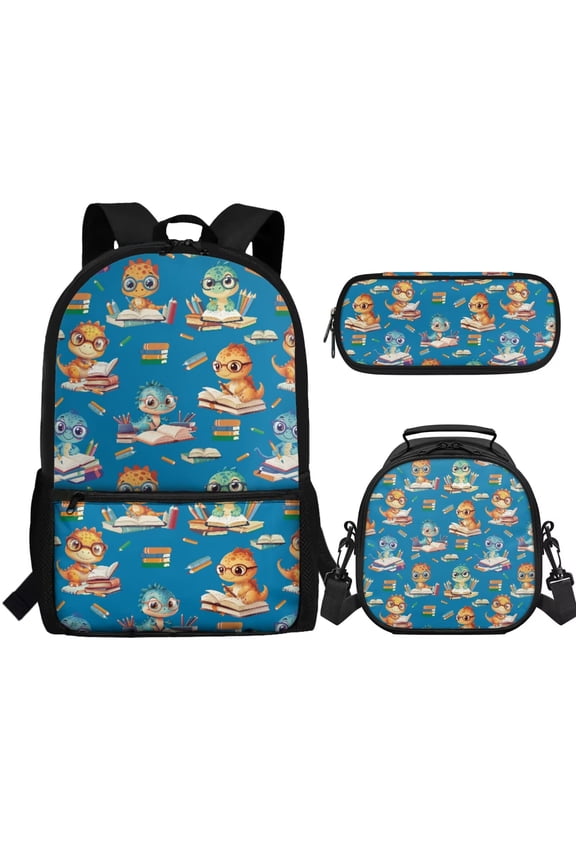 Dinosaur Backpack for School Boys 3 In 1 Preschool Bookbag with Lunch Box and Pencil Case Blue Schoolbag Back Packs Elementary Middle School Bag Satchel 17inch Travel Daypack