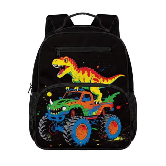 Jeiento Dinosaur Lightweight Toddler School Bag for Preschool, Tractor 13.5 Inch Kids Backpack for 2-5 Year Old, 2 Front Zipper & 2 Mesh Side Pockets Bookbag