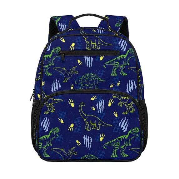 Jeiento Dinosaur Preschool Toddler Bag for Girls 2-5, 13.5 Inch Lightweight Kids Backpack, 5 Pocket Bookbag with 2 Mesh Side Pockets for Water & Snacks, Blue
