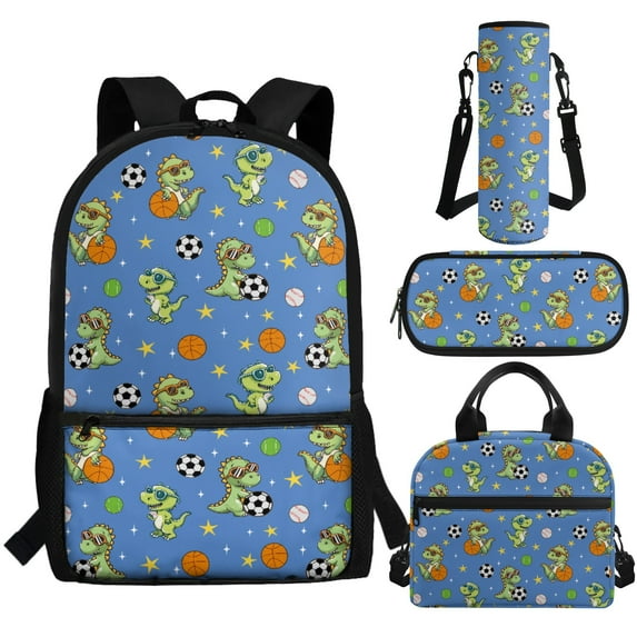 Jeiento Dinosaur School Backpack Set for Boys 4Pcs Kids Backpacks with Lunch Box Pencil Case and Water Bottle Holder Playing Football Bookbag Sets for Elementary School Bags Daypack Blue
