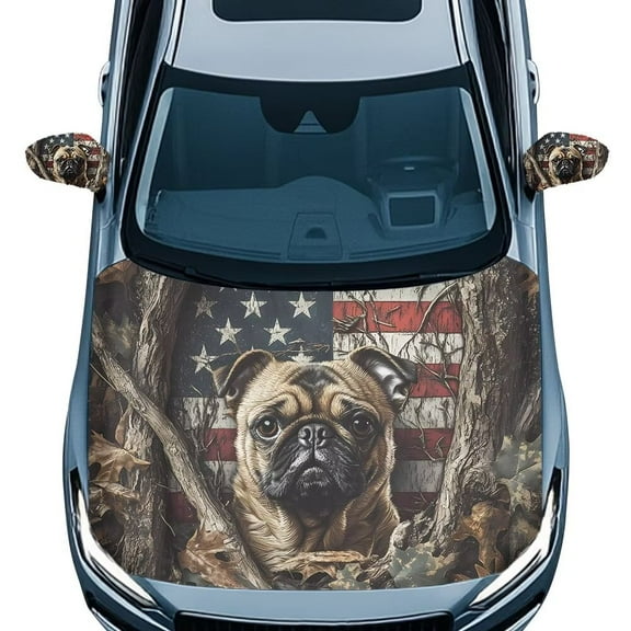 Jeiento Dog American Flag Car Hood Cover Set with Mirror Covers Soft Car Hood Flag Straps Reinforcement Waterproof 2 PCS Side Rearview Protection Covers with Snap-on Cord Lock