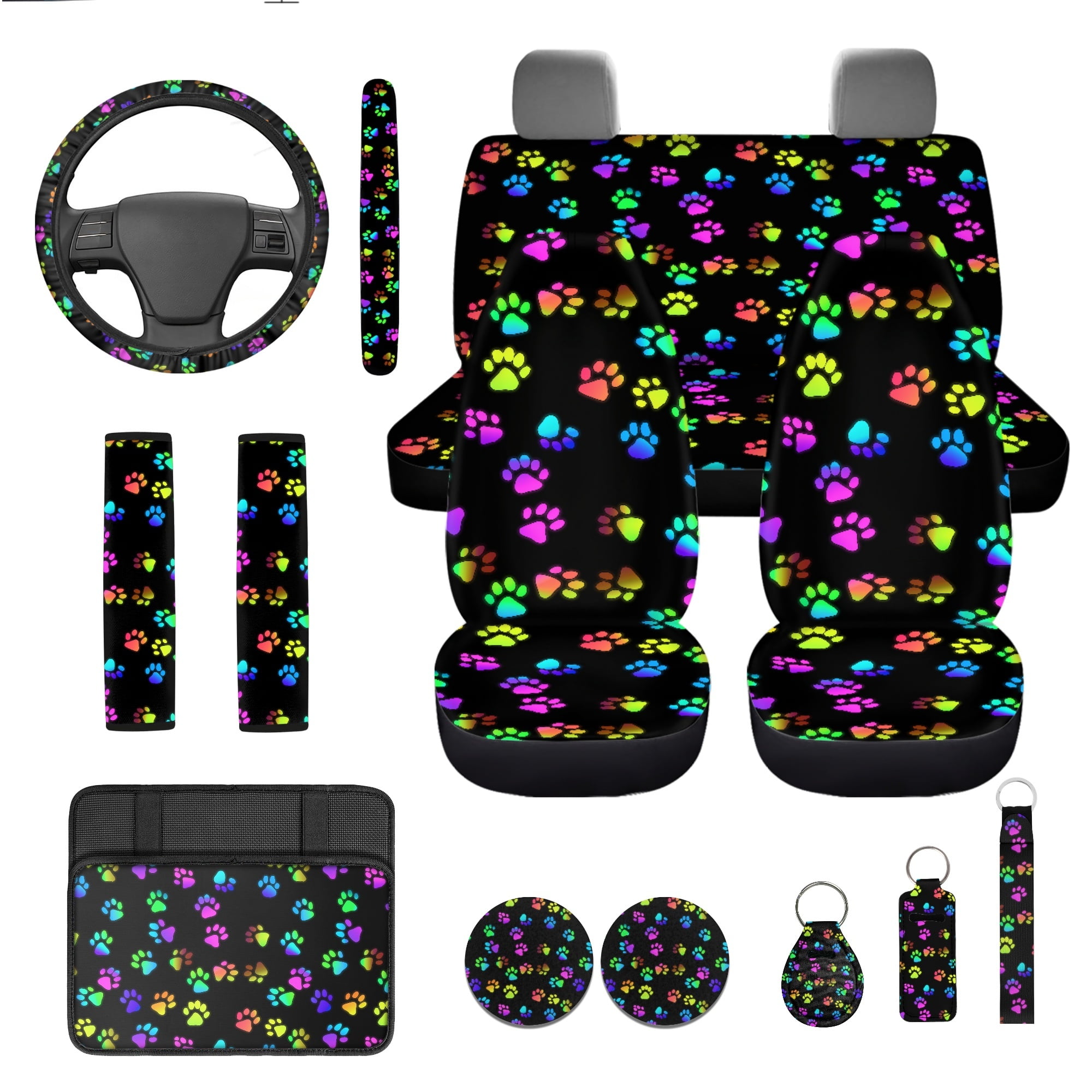 Jeiento Dog Paw Print 13 Pack Automobile Interior Sets Car Seat Cover Set with Steering Wheel Seat Belt Strap Cover Armrest Pad Cute Coasters Keychain Chapstick Holder Universal Fit SUV Sedans