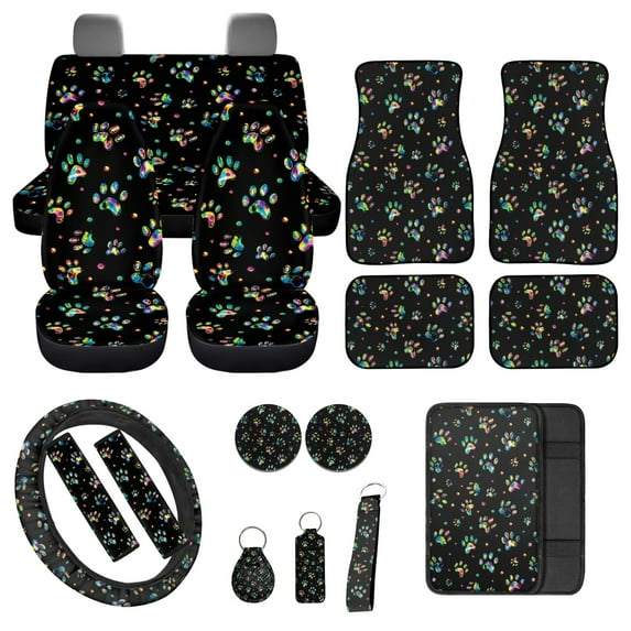 Jeiento Dog Paw Print Auto Seat Cover Set 17Pcs Car Seat Covers Front and Back Full Set for SUV Truck Sedan with Seat Belt Covers Center Console Pad Steering Wheel Cover