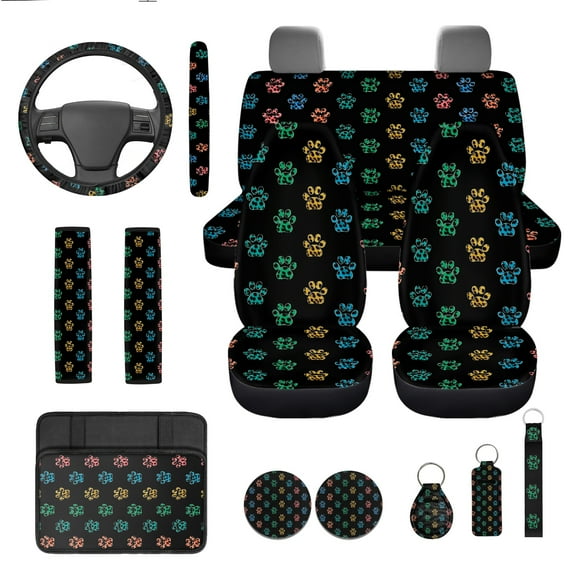 Jeiento Dog Paw Print Car Accessories 13pcs Car Seat Covers and Steering Wheel Cover Seat Belt Pad Cover Auto Armrest Cover Cushion Keychain Cup Holders Cute Automobile Accessory Decor
