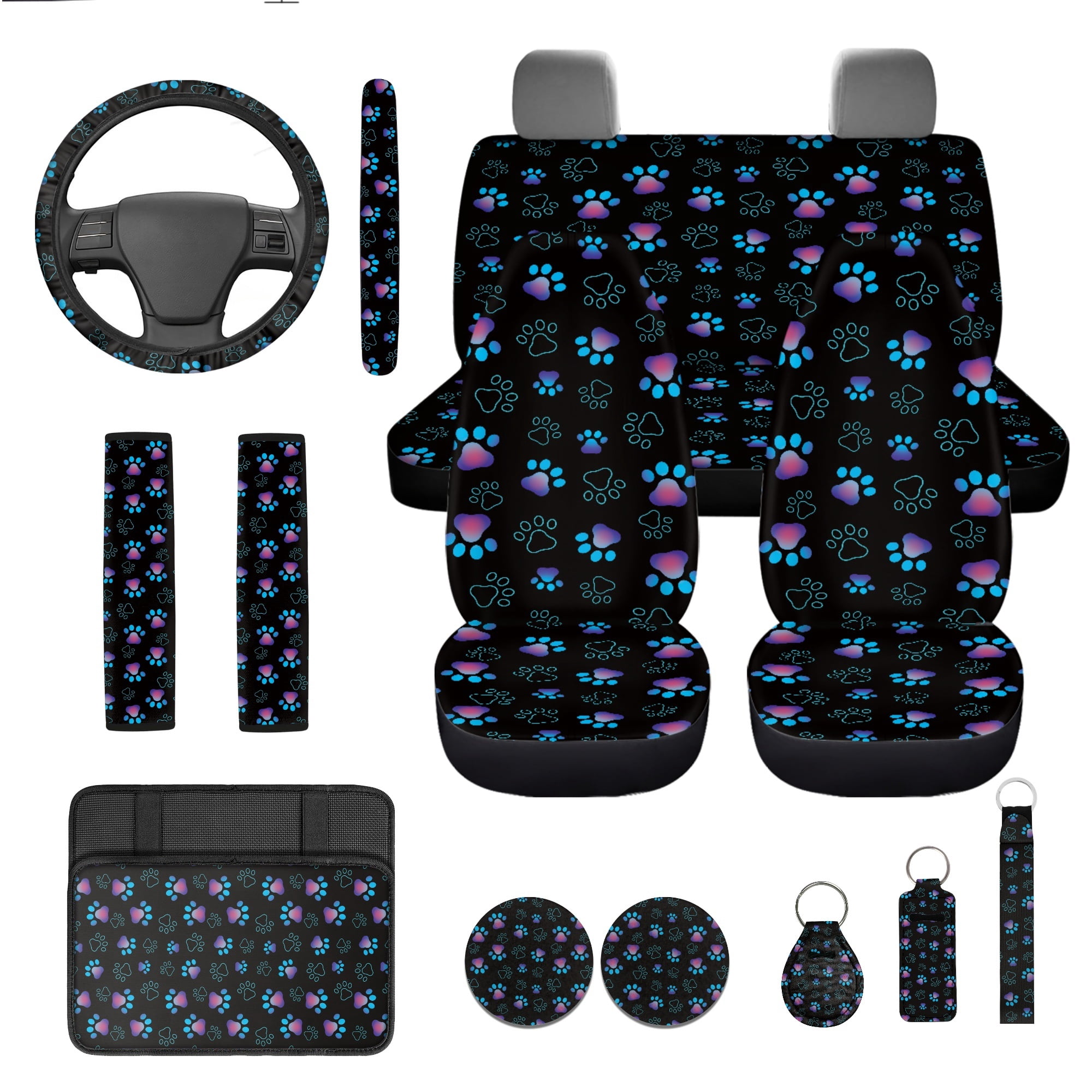 Jeiento Dog Paw Print Car Seat Cover Set for Front and Rear, Cute Auto Interior Accessories Full Set for Women Men Car Seat Protective Universal Fits for Cars, SUV, Truck, Sedan, Van