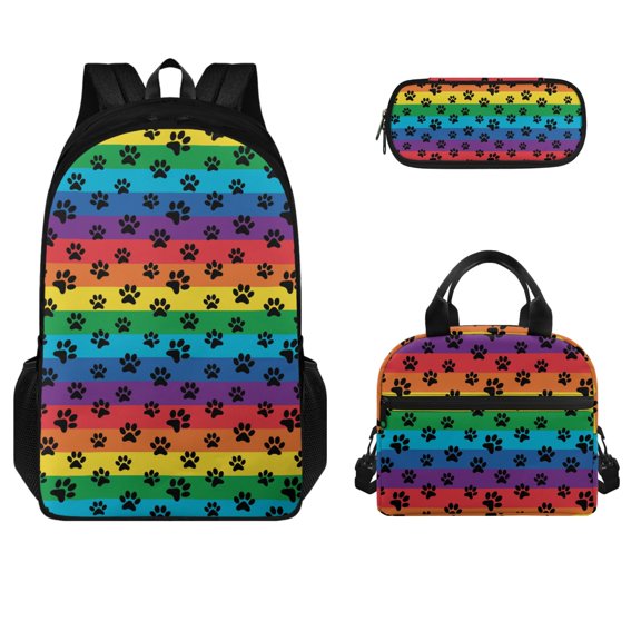 Jeiento Dog Paw Print School Bag Set of 3,Insulated Lunch Handbag Crossbody Bag Laptop Backpack Pencil Case for Kids Teens Rainbow Stripes College Students Office Worker Dayback
