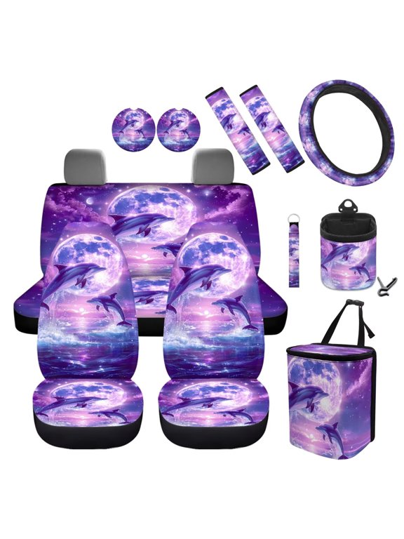 Dolphin 12 PCS Car Accessories, Universal Auto Seat Covers Steering Wheel Cover Seatbelt Strap Pad Moon Trash Can Mount Storage Pocket Violet Cup Holders Keychain Fit for SUV Van Sedans